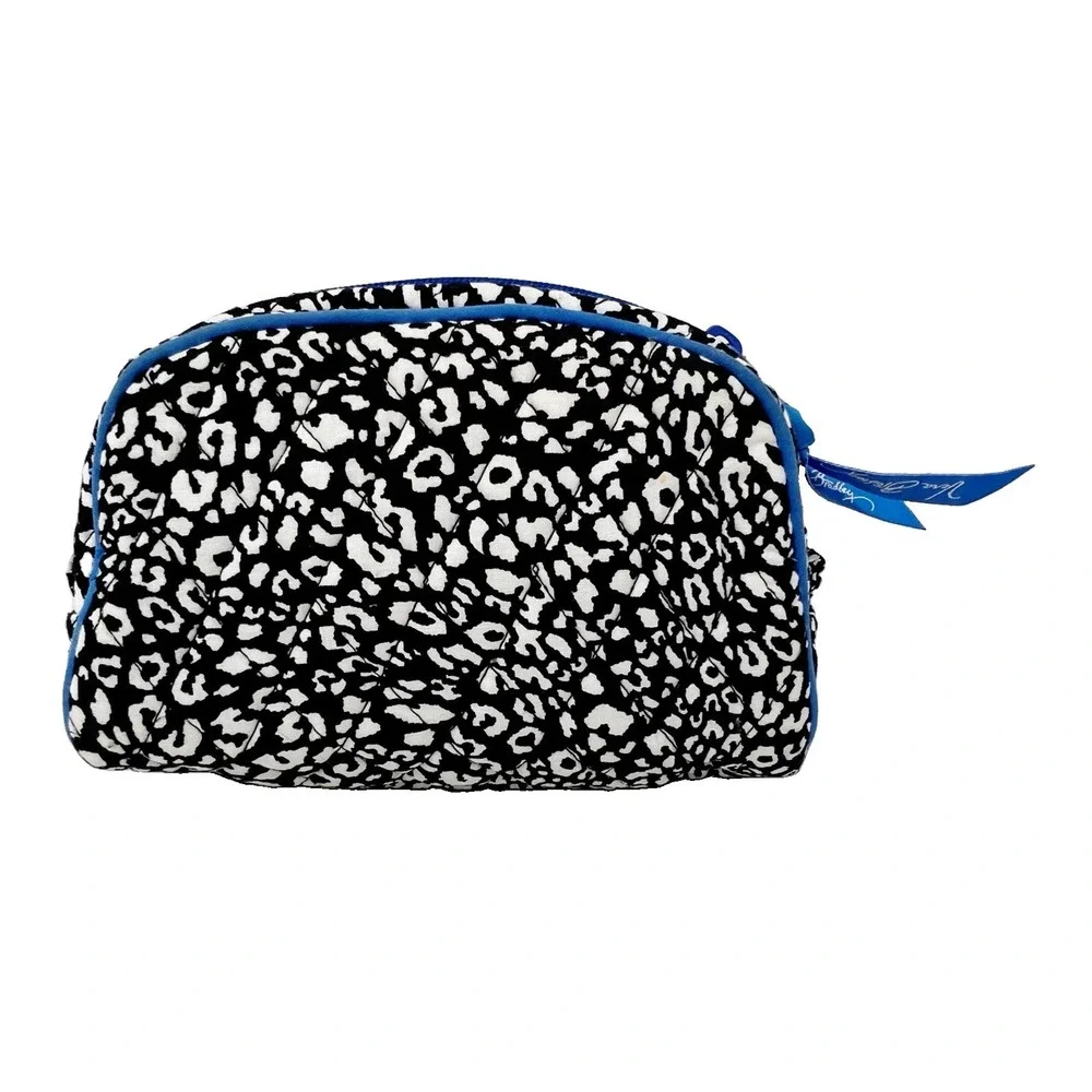 Vera Bradley Quilted Cosmetic Bag Black White Leopard Print Blue Trim Dome Pouch